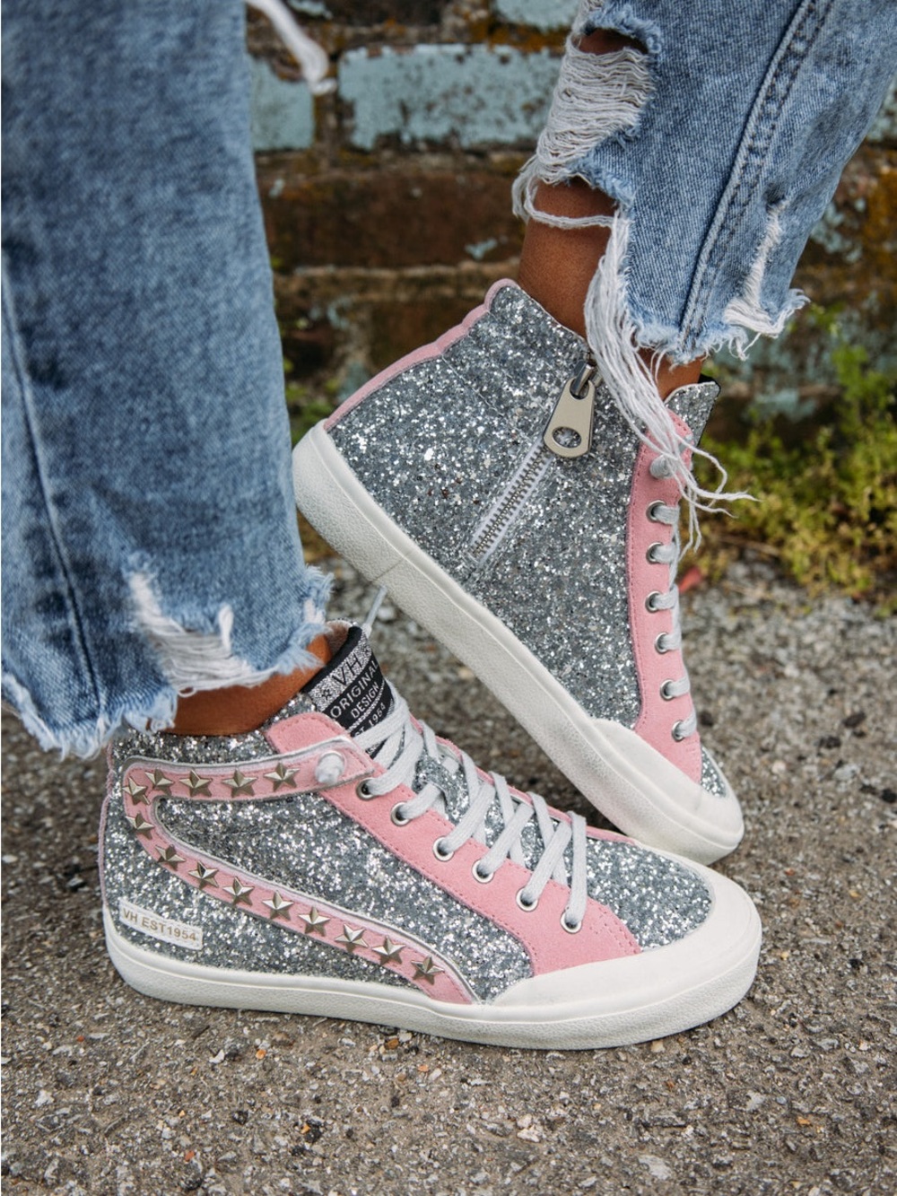 Vintage Havana Silver Glitter High-Top Sneakers with Pink Trim